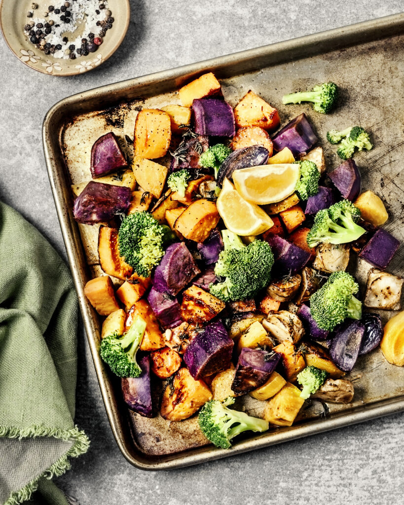 Roasted vegetables on baking pan